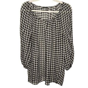 Talbots Sheer Blouse Womens 2X Black White Sheer Puff Sleeve Office Houndstooth
